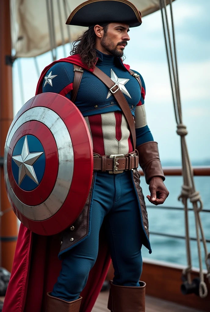 full body superhero marvel captain america pirate costume, holding the shield, pirate hat standing on boat