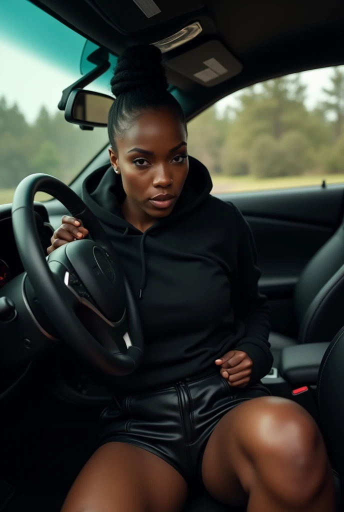 Black woman hair in a bun black hoodie black leather short shorts in the car driving Camera angle in the floor looking in between her legs behind the steering wheel