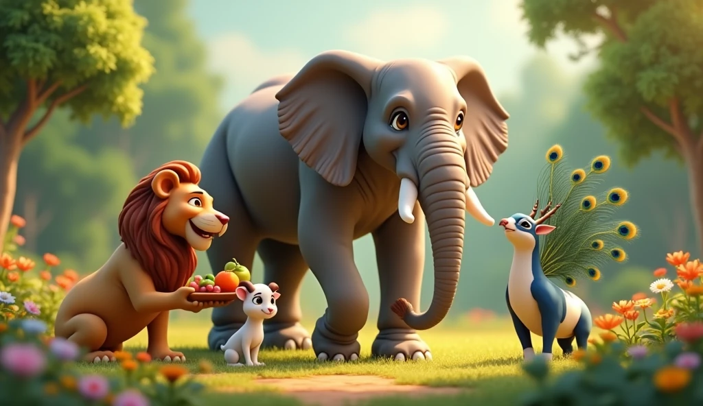 In 3d animation images in this story. બધી પ્રાણીઓ હાથીની આજુબાજુ બેસીને તેની સેવા કરી રહી છે. સિંહ ફળ આપી રહ્યો છે, મોર ફૂલોની સુગંધથી હાથીને સાંત્વના આપી રહ્યો છે, અને બકરી હાથીને ઔષધિ આપી રહી છે"