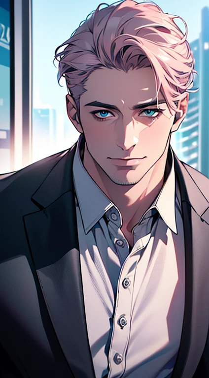 (best quality,4k,8k,highres,masterpiece:1.2),ultra-detailed,(realistic,photorealistic,photo-realistic:1.37),1 man,3,mature man,very handsome,without expression,smile,short grey pink hair,blue eyes,penetrating gaze,perfect face without errors,imposing posture,businessman,office background,cinematic lighting,hdr image