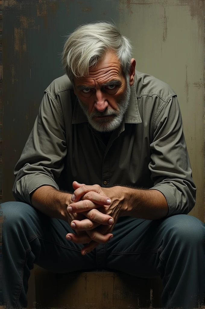 A rough oil paint of a defeated man having thoughts of being talked about by everyone