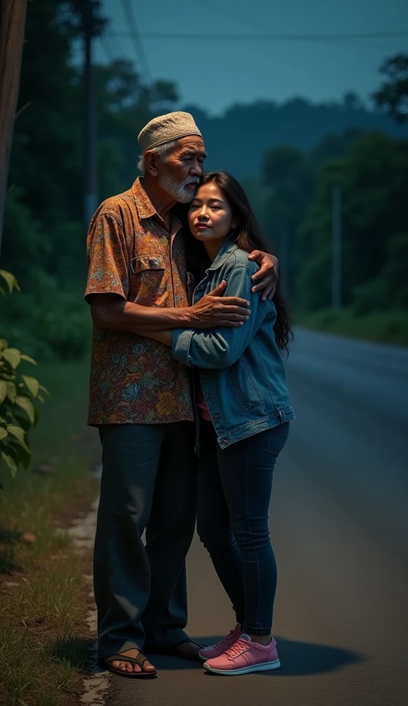 A 60 year old Indonesian man, wear a Muslim cap, baju batik dan long pants, sad face facing the camera while hugging beautiful Indonesian woman, fair skin, big nose, long wavy hair, wearing a denim jacket, long pants, wearing pink sneakers, sad face facing forward, on a beautiful country road, in the dark night, minimal defects, very detail, realistic, 8K picture