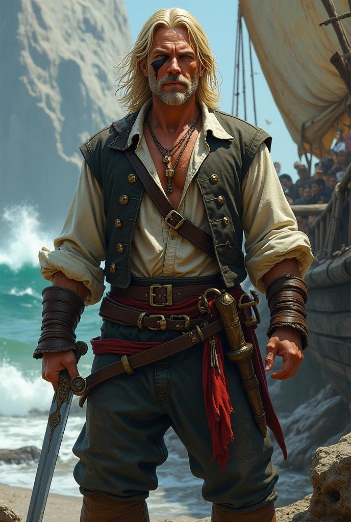 A pirate with blond hair, fair skin scar on left eye