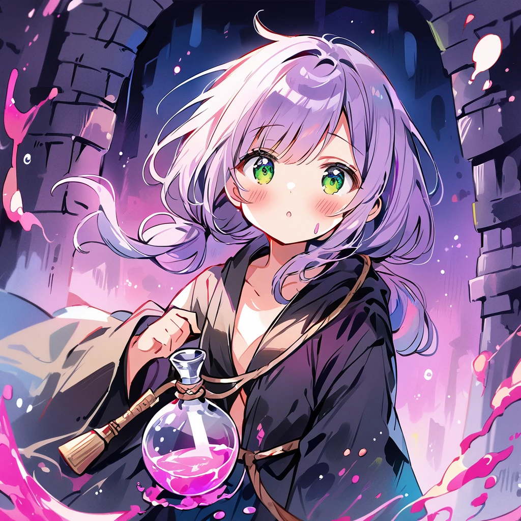 ((best quality, high resolution)), (delicate illustration), (vividcolor style illustration:0.9), (watercolor style illustration:0.4), ((beautiful:1.3)), 4k,
(((1 beautiful woman))), small breasts:0.7, dark green eyes, (blush), ((An alchemist's robe, a corked flask of pink liquid,)), low-twintails Hair, pale purple hair, (((Dungeons:1.3))), ((glance upward at viewer)),
