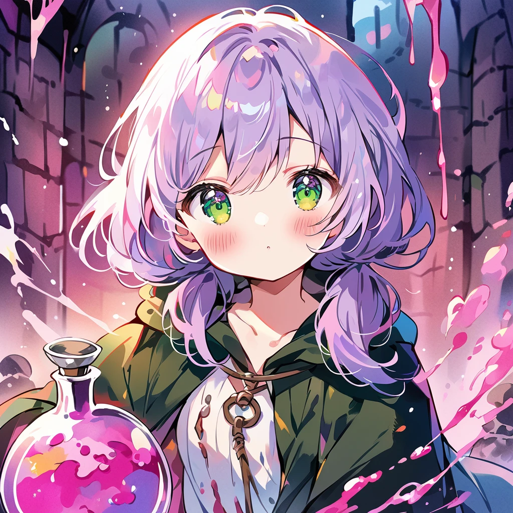 ((best quality, high resolution)), (delicate illustration), (vividcolor style illustration:0.9), (watercolor style illustration:0.4), ((beautiful:1.3)), 4k,
(((1 beautiful woman))), small breasts:0.7, dark green eyes, (blush), ((An alchemist's robe, a corked flask of pink liquid,)), low-twintails Hair, pale purple hair, (((Dungeons:1.3))), ((glance upward at viewer)),