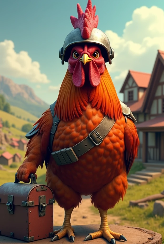 Rooster with a helmet and a toolbox