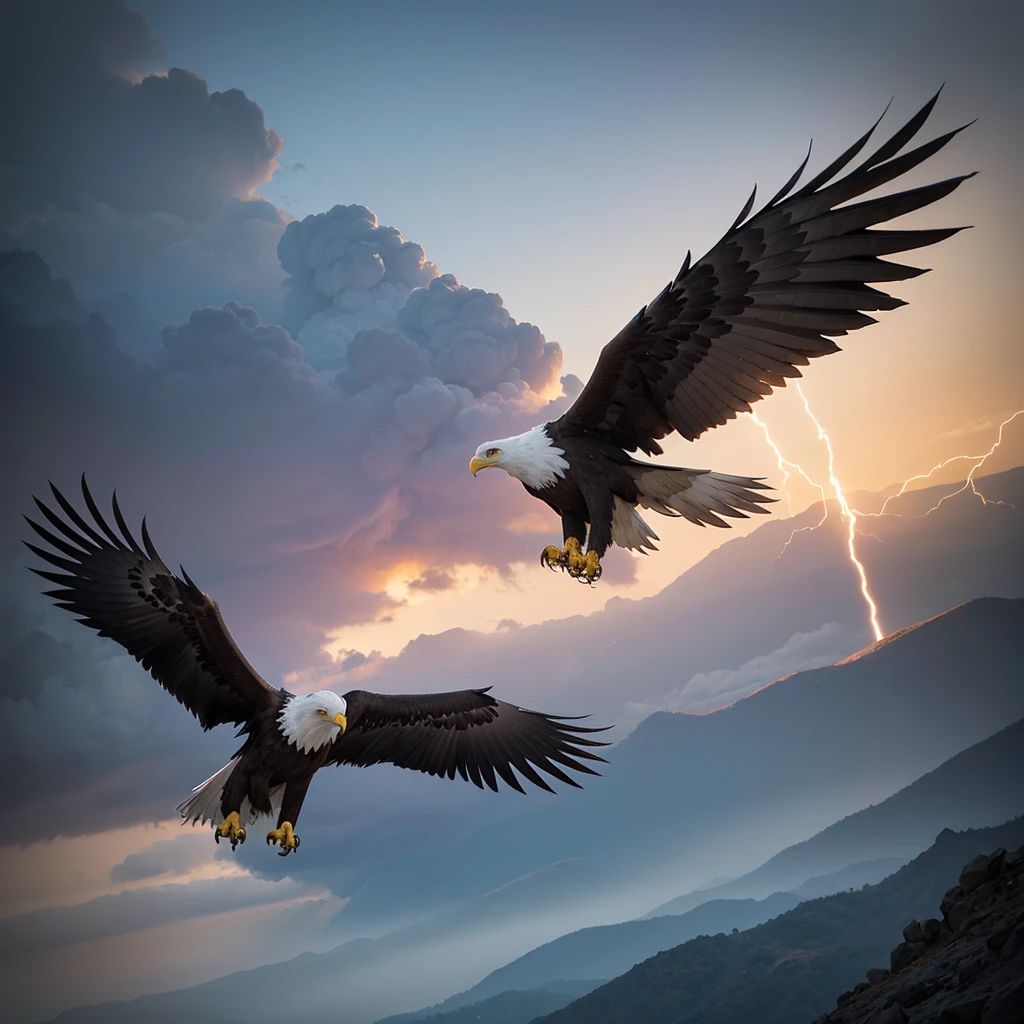 High above the jagged peaks of a storm-swept mountain range, a monstrous eagle soars through the turbulent skies. Its wingspan is immense, casting a shadow that darkens the ground below as it glides effortlessly through the tempest. The eagle's talons, sharp and unforgiving, are poised to strike, and its beak, hooked and cruel, gleams with a deadly edge. Lightning flashes across the sky, illuminating its fierce, golden eyes that seem to pierce through the very soul of its prey. With a screech that echoes like thunder, the eagle dives, a living bolt of fury descending upon the world below. It is the embodiment of the storm, a harbinger of destruction that strikes without mercy from the heavens.