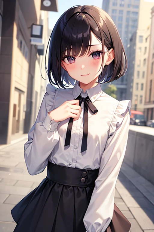 Highest quality, Androgynous male,Cute face,Flat Chest,Short Bob Cut,layered skirt,High Waist Skirt,Lace blouse,White blouse,Blouse with collar,Ribbon on neck,sleeve,pink skirt,Black Hair,Smiling shyly, Blushing, Character portrait, Shooting in the city