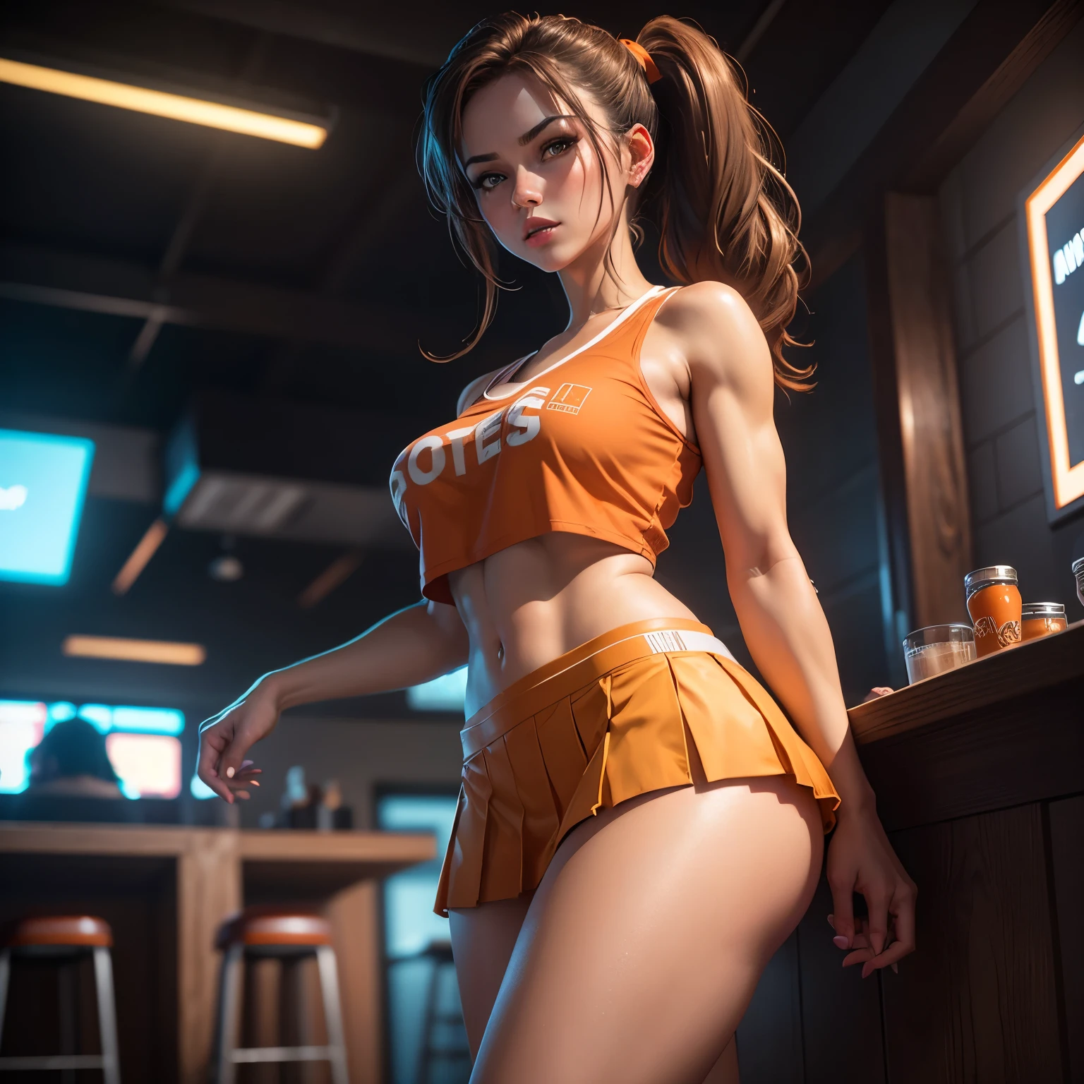Hot Woman, fit body, light brown hair, ponytail, , hooters uniform {white top with Hooters logo, sexy orange short skirt, white ankle socks, white sneakers}, in a porno bar, extremely detailed, 8k, photorealistic, cinematic lighting, vivid colors, intricate details, ambient occlusion, depth of field, cinematic composition, dramatic lighting, moody atmosphere, sensual and alluring, high quality, masterpiece, makeup, god rays, bokeh, UHD, masterpiece, textured skin, high quality, seductive eyes, fingers --style realistic-imagine. exposed thighs, pleated short skirt,