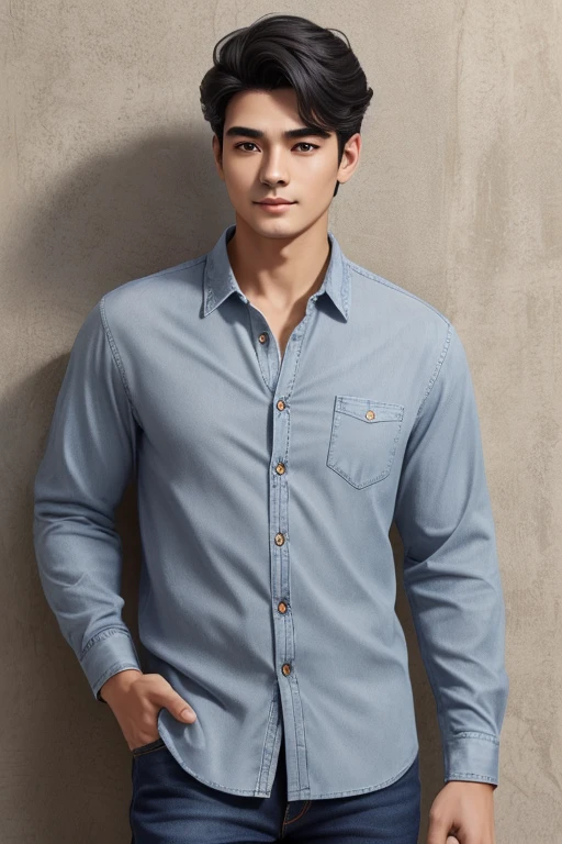 Highest quality、Ultra HD、Height 174cm、Slightly sturdy body type、Black hair with a few gray hairs、Regent style hairstyle。Narrow and gentle eyes、A calm and relaxed impression、Appearance appropriate for a 4、Wearing a casual shirt and jeans、