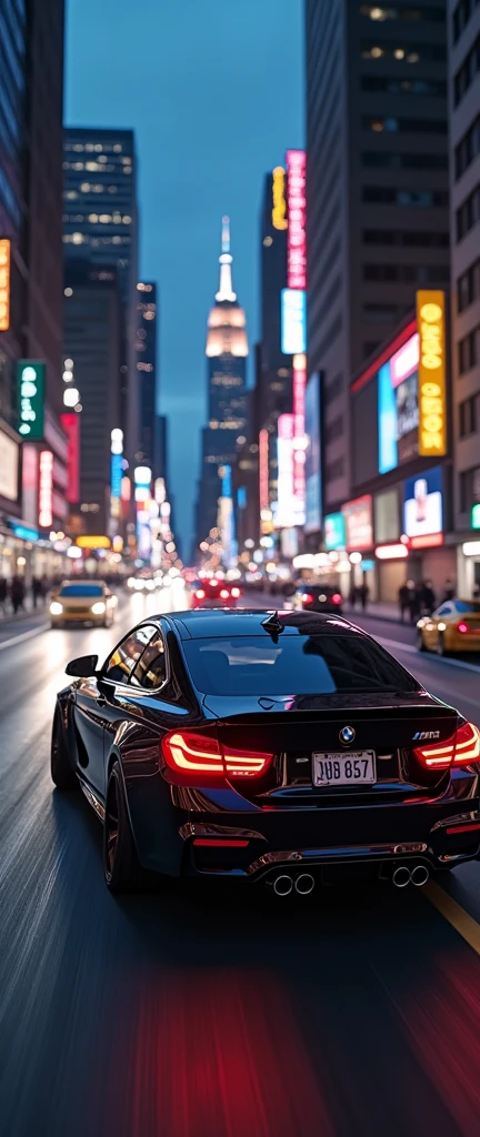 BMW m4 competition black colour,on the road of new york city at night