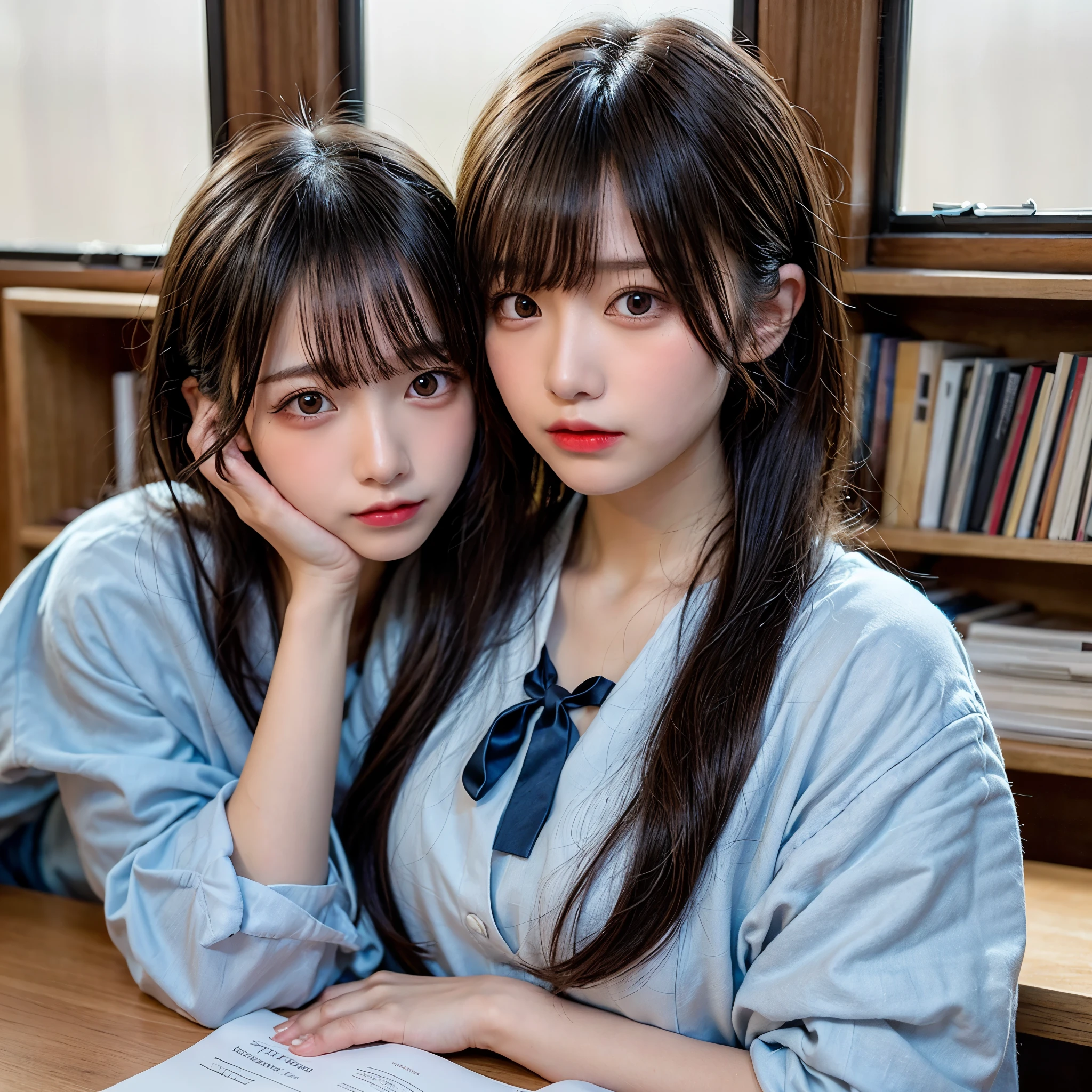 Highest quality,Long black hair with neatly trimmed bangs,Young woman with large eyes and reddish cheeks,She is wearing a Japanese uniform with a blue ribbon tied around her neck.,Classroom-like background,Natural light pours in through the window and books are visible on the shelves in the background.,A slightly dissatisfied, pouting expression,A realistic yet slightly deformed style,The color is light and the skin tone is soft and pale.