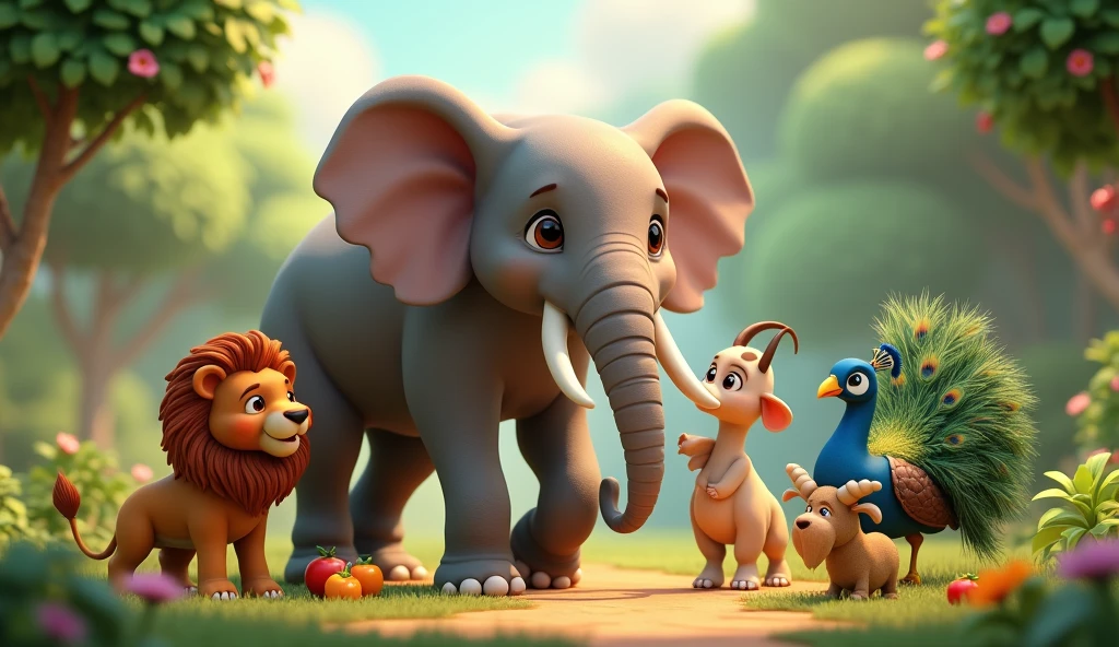 In 3d animation images in this story. બધી પ્રાણીઓ હાથીની આજુબાજુ બેસીને તેની સેવા કરી રહી છે. સિંહ ફળ આપી રહ્યો છે, મોર ફૂલોની સુગંધથી હાથીને સાંત્વના આપી રહ્યો છે, અને બકરી હાથીને ઔષધિ આપી રહી છે"