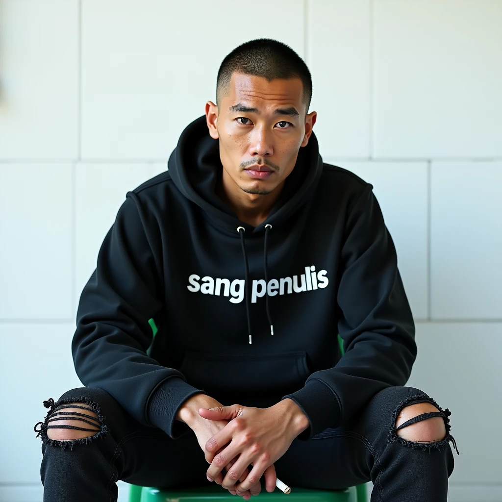 picture of tanned japanese man, black hair, crew cut hair style, clean face, wearing black hoodie write big "SANG PENULIS" (two lines) on long cut hoodie and torn black jeans, back ground is white wall, vibrant, ((Masterpiece, Top Quality, High Resolution, Photorealistic, Raw, 8K)), sitting enjoying, casually smoking cigarette and facing forward on plastic chair, bored, realistic