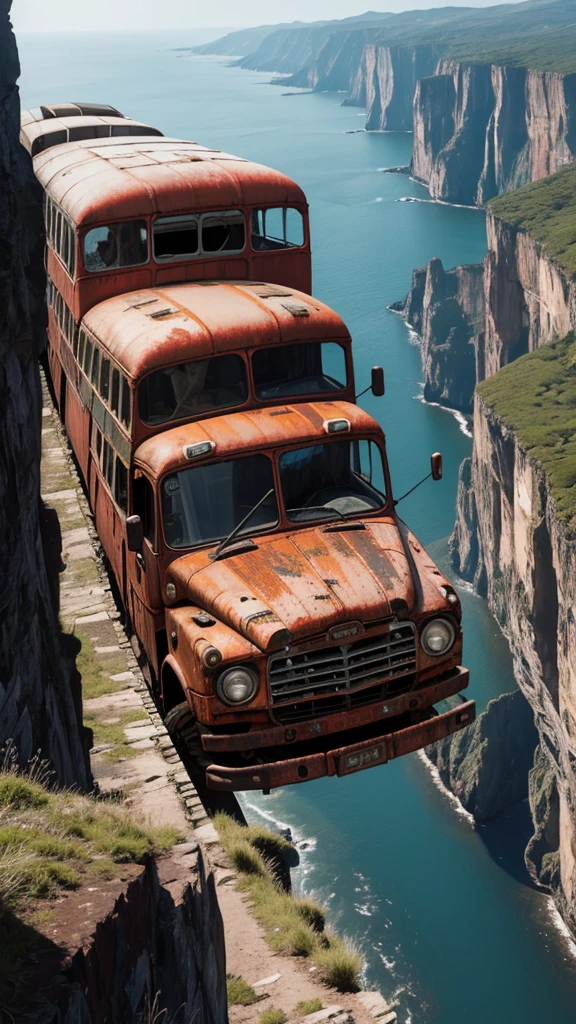 make a very real picture of a rusted long bus being stuck on a very high cliff, scary scenery, hyper-realistic, 16k