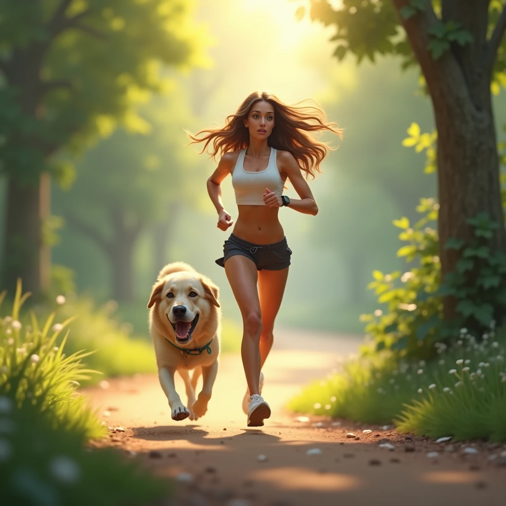 Beautiful woman running with a dog