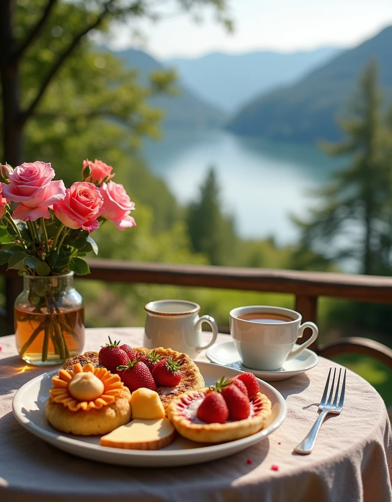 Summer cozy outdoor terrace, Roses on the table,cozy cabin, Stunning views of the lake from above, Very delicious breakfast, Tee