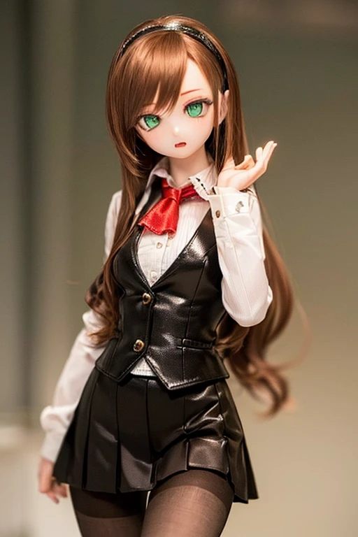 (SFW:2), photorealistic, realistic photo, 8k, ((highest quality)), ((masterpiece)), (extremely detailed), kukolnydom, doll, (mature woman, 21yo, 2, solo, room:1.6), ((cowboy shot, acrobatic pose, slim, slender, skinny, medium breasts, hairband, vest, ascot, dress shirt, long puff sleeves, pleated skirt, black pantyhose)), (green eyes, brown hair, long hair, plastic skin, looking at another, glass eyes, gradient eyes, shining eyes, detailed eyes:1.3)