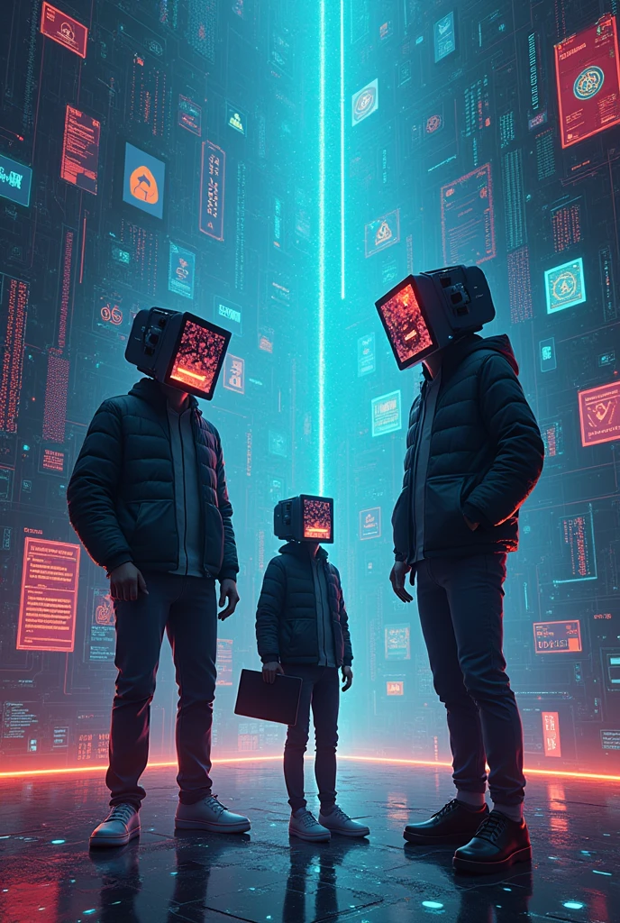 Background more lively technology, 3 human with device heads and one small human holding a laptop, the side will be internet threats and dangers and saftey