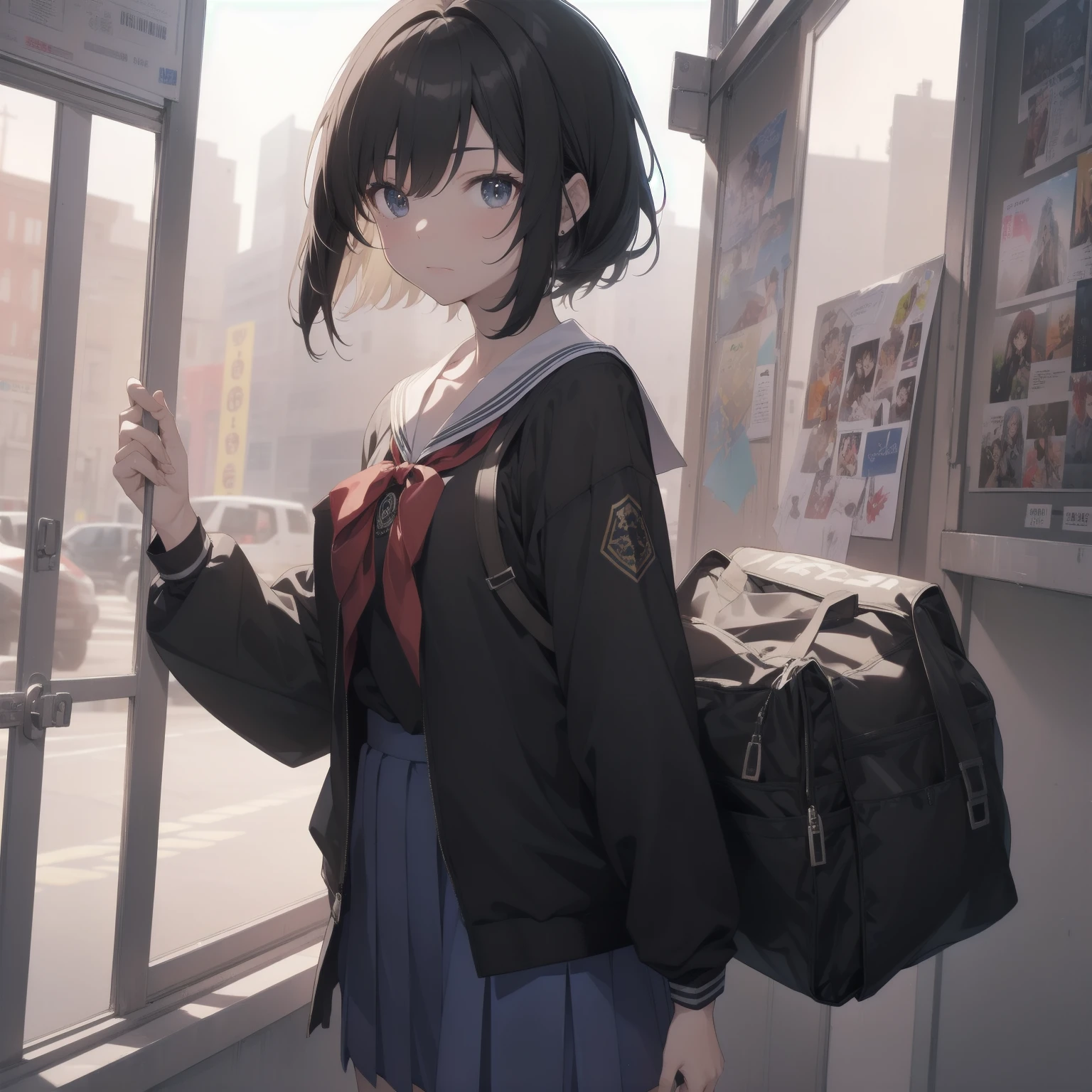 ultra-absurdres-Top quality by artist God, ultra-detailed, high resolution, anime moe artstyle, best anime 8k konachan wallpaper, pixiv contest winner, pool:2810, perfect anatomy,break, 1girl, (Please draw a girl walking sleepily to school alone. )break,(Solo,little female,:1.3),Full limbs, complete fingers,a junior high school student, (very short hair), short cut, flat chest, , small butt, small black eyes, beautiful detailed eyes, well-proportioned iris and pupils, expressive eyes, highres detailed hair, soft expression, salor school_uniform, sailor collar, serahuku, bow, pleated skirt,(Detailed Lighting), (Detailed background), in the School commute route. break,super detailed skin, Best cinematic lighting powered by famous artist, 8k,beauty illustration,photoshop_(medium),very aesthetic,break,((artist:mery_(yangmalgage) )), artist:clamp ,artist:carnelian ,artist:kantoku ,