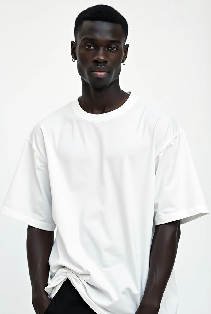 naughty man, young black model, with an oversized white t-shirt, with a white background for a clothing brand called MELO