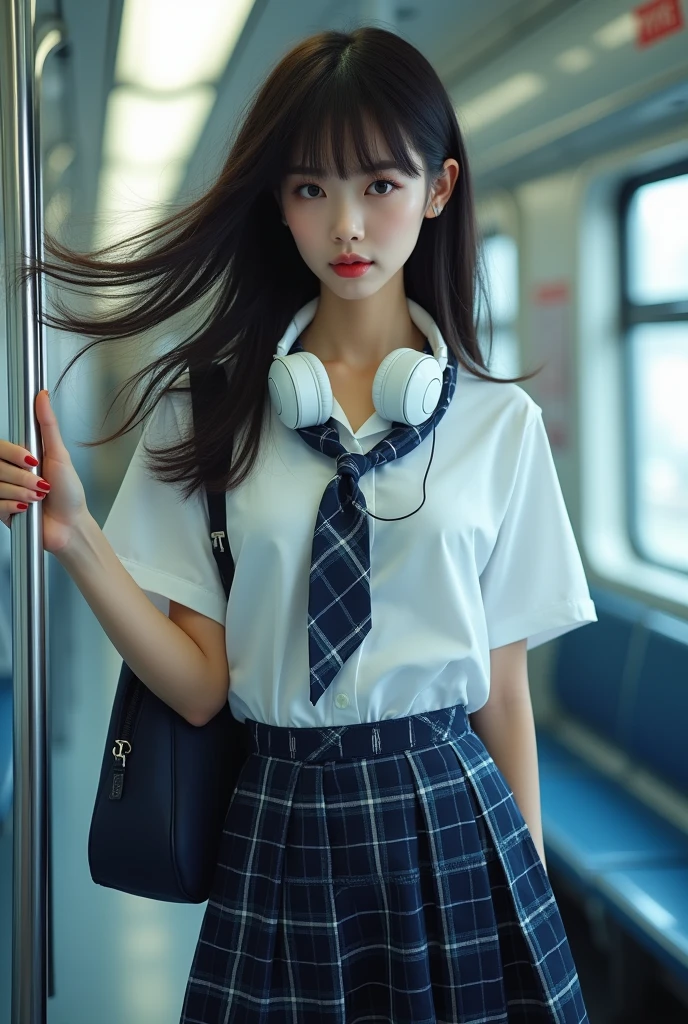 (Blunt bangs, Princess Bang))), (((Very heavy,Voluminous bangs:1.1))),(((very long, Very heavy,Very voluminous side locks:1.1))),, Hime cut, Straight bangs hairstyle, People with round faces and plain bangs, dull with long hair、Bangs cut straight,))High Fashion Portrait, (Highest quality, detailed,masterpiece:1.2), Realistic, 1 person, Beautiful woman, high school girl,Full Body Shot, Fashion Model, Dynamic pose, break small head, break (detailed buttocks, detailed legs, detailed body line, Beautiful breasts, , toned big breasts, Narrow waist, Tight big ass,Beautiful muscular legs, Beautiful legs, Creates a sculptural beauty:1.2), Beautiful white, silky skin, A slim and beautiful neck, (Full Body Shot, Dynamic pose:1.2), break Opt for a sleek, (((High School Uniformの白い半袖のカッターシャツ,The collar buttons are open, He is wearing a navy blue tie tied loosely., socks, High School Uniform: 1.2, Navy blue tartan check skirt,White headphones hanging around his neck,He is carrying a navy blue school bag on his right shoulder.))) , Sharp angles and a sleek finish give it a futuristic feel., break small head, detailed face, ((Full body photo))((Directly facing)))looking at the camera,masterpiece，Highest quality，8k，クレイジーなdetailed，複雑なdetailed，超detailed，super quality，High detail(((The hem of the skirt is fluttering in the wind,))Costume,))looking at the camera(Realistic、Realistic:1.37)、,Highest quality, figure, 超detailedな, finely, 完璧なダイナミックな構figure, ((Taken in the middle of a subway train)), Beautiful and fine details,Smiling a little,Model body type,, ,Women are paying attention, Her face is beautiful and delicate，Showing an otherworldly beauty。,A female model standing still, holding onto a strap in her left hand,, Hair is fluttering in the wind,Fashion Model,looking at the camera,masterpiece，A bit backlit,The tip of her hair is visible,
