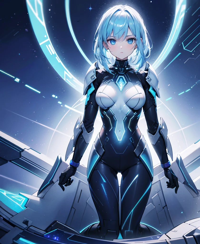 ((Holographic glow effect)),8k, Highest quality, (real:1.4), Original photo, 1 person, Asari Hair, Biological Amplifier, refined armor, posture: Peace talks between warring factions, smart blue eyes,whole body