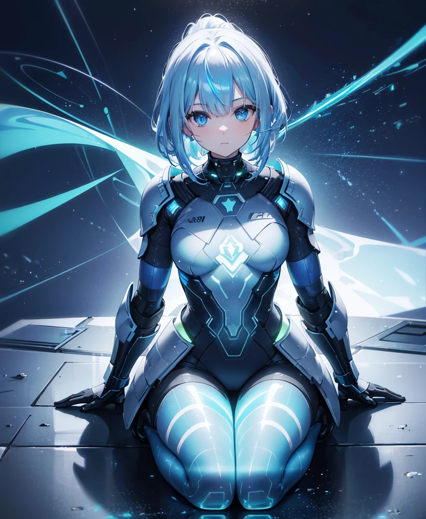 ((Holographic glow effect)),8k, Highest quality, (real:1.4), Original photo, 1 person, Asari Hair, Biological Amplifier, refined armor, posture: Peace talks between warring factions, smart blue eyes,whole body