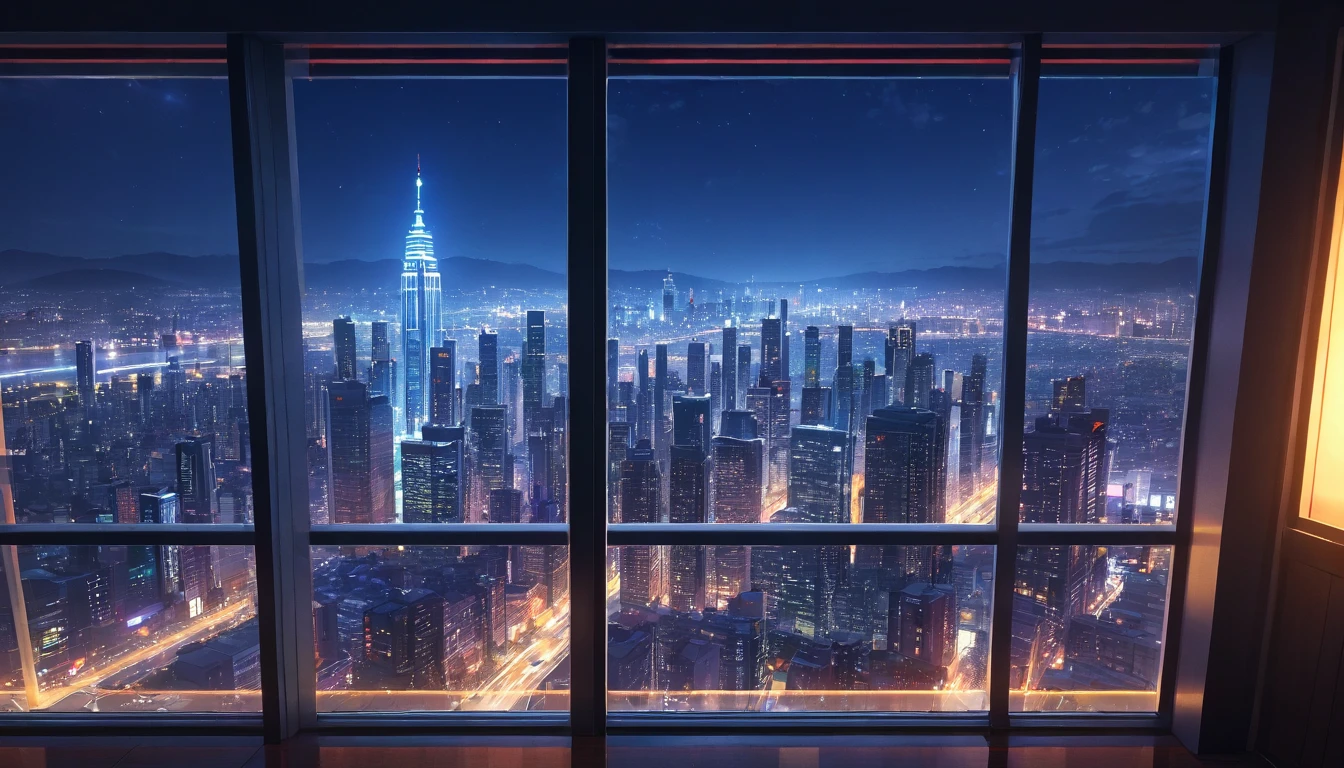 detailed anime city night scene, high-rise hotel window, beautiful cityscape, intricate architecture, glowing neon lights, dramatic lighting, cinematic composition, vibrant colors, (best quality,4k,8k,highres,masterpiece:1.2),ultra-detailed,(realistic,photorealistic,photo-realistic:1.37), ambient occlusion, volumetric lighting, depth of field, cinematic framing, atmospheric perspective
