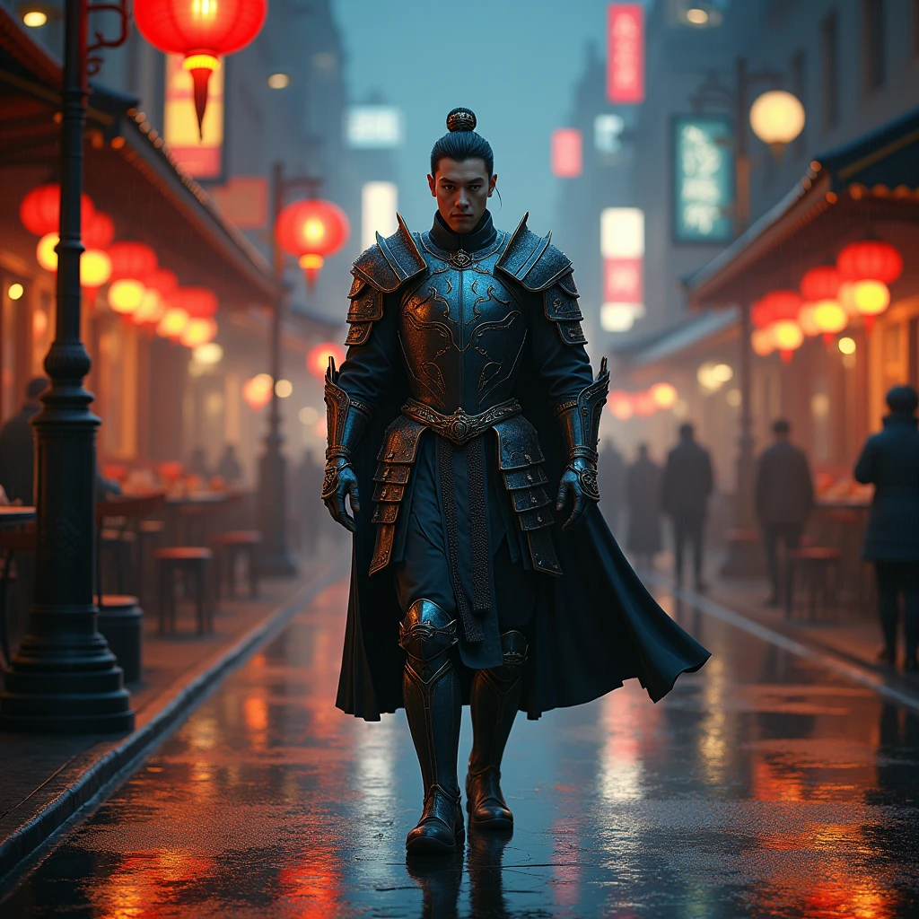 Wearing armor,Young and handsome、Handsome Chinese man,Walking on the modern streets of China,night,There are street lights and shop lights shining down,It just rained,There is some rain on the ground