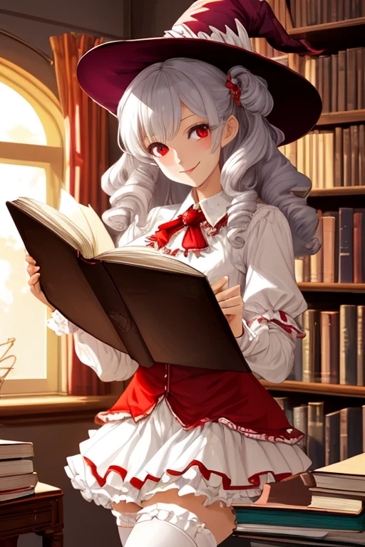 A bewitching woman, study, many books, bookshelf, dim light, soft lighting, stand light, white shirt, red frilly skirt, stockings, diamond ring, smile, silver curly hair