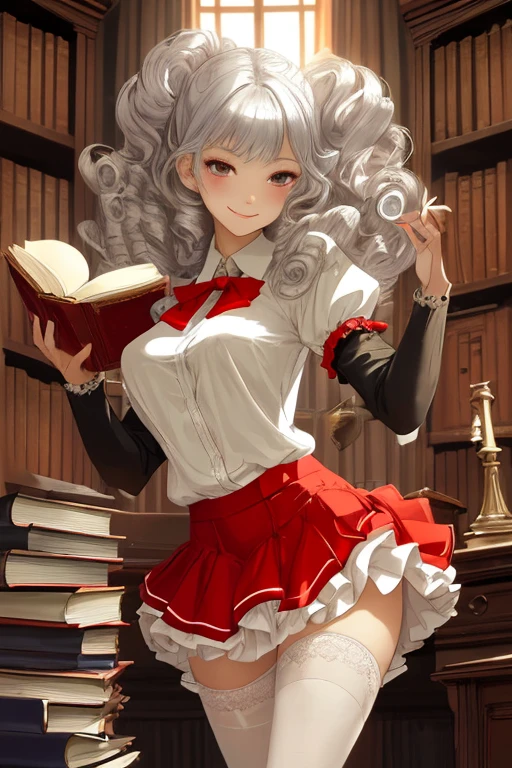 A bewitching woman, study, many books, bookshelf, dim light, soft lighting, stand light, white shirt, red frilly skirt, stockings, diamond ring, smile, silver curly hair