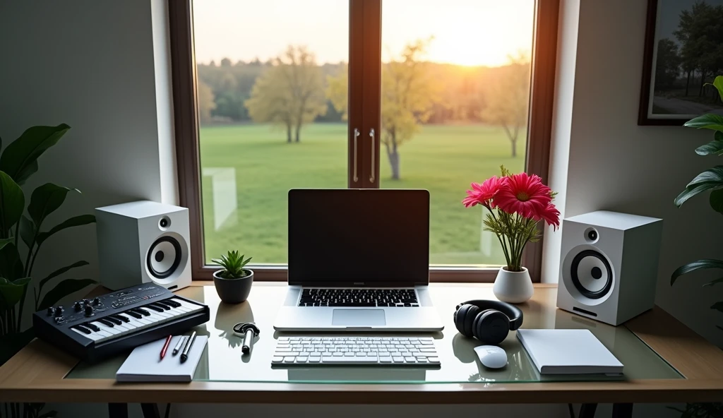 A table looks left side at the window looks very modern and glassy finishing, a MacBook pro is on the table, a headphone, White keyboard, 2 octave piano midi keyboard, and audio interface, 2 white woofer speaker left and right, a red , pink flowers , pens, heights quality microphone and notebook at side of the computer, beautiful green and sunrise, view right-side from The window  ,(height detailed) , vivid, (realistic) ,((naturel light)), 8k , HDR