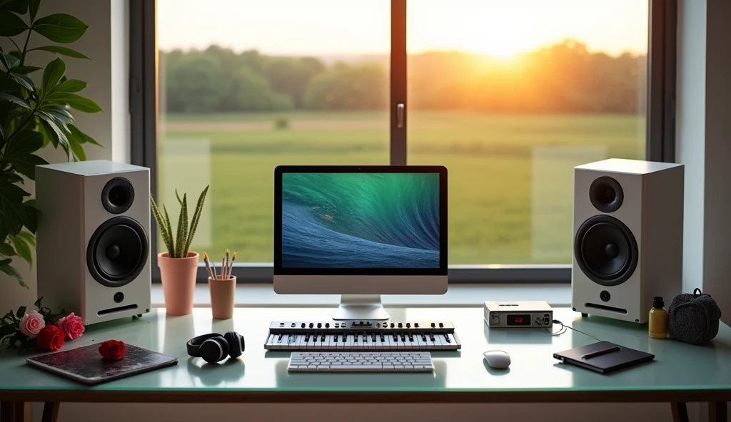 A table looks left side at the window looks very modern and glassy finishing, a MacBook pro is on the table, a headphone, White keyboard, 2 octave piano midi keyboard, and audio interface, 2 white woofer speaker left and right, a red , pink flowers , pens, heights quality microphone and notebook at side of the computer, beautiful green and sunrise, view right-side from The window ,(height detailed) , vivid, (realistic) ,((naturel light)), 8k , HDR