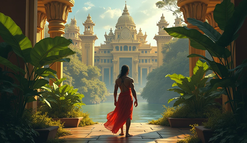 Hanuman, with his powerful yet calm demeanor, lands in the mystical city of Lanka. The city is vibrant with golden palaces and lush gardens, yet there is an eerie darkness in the atmosphere. Hanuman, small in size, is hidden among large, exotic plants as he carefully observes his surroundings.