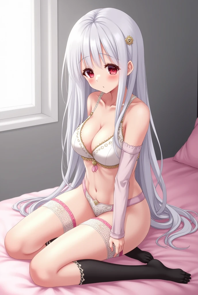 an anime girl, white skin with straight white hair down to the waist, with red eyes, small chest, in lingerie, white bra with gold edging, detailed design on the white part , pink and light colored panties, with cuffs at the top and transparent on the sides, black thigh high stockings ,with a shy, embarrassed and blushing smile, sitting on her bed with pink sheets ,the grey back wall and a window .