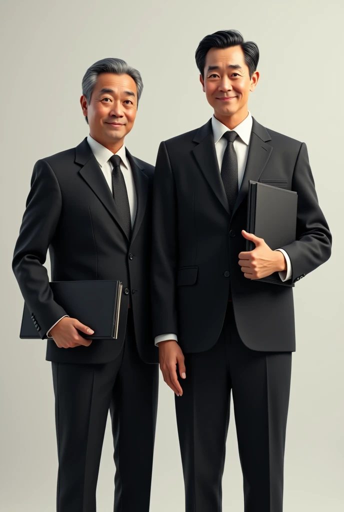 A 2 Japanese man is standing holding a black binder、Black suit、Businessman、The whole body is shown、The aura of a kind father、The eyes are double、Short Hair、Sunburn、facing forward. No beard.