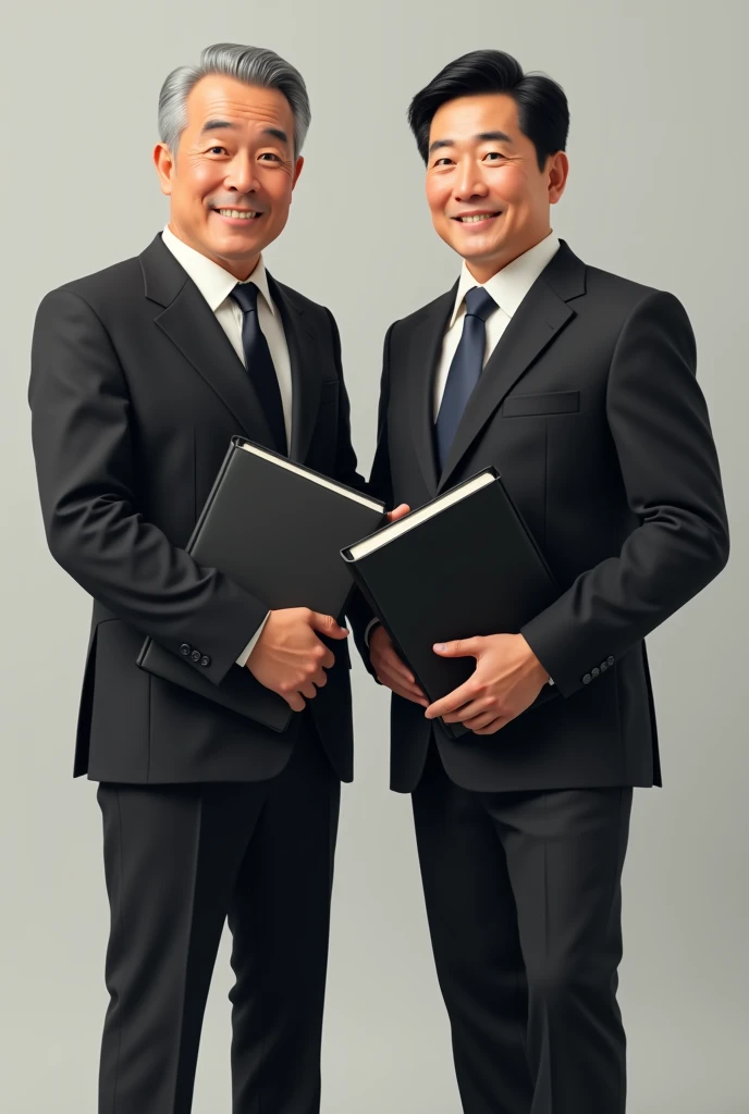 A 2 Japanese man is standing holding a black binder、Black suit、Businessman、The whole body is shown、The aura of a kind father、The eyes are double、Short Hair、Sunburn、facing forward. No beard.
