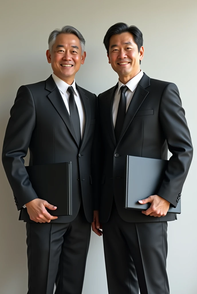 A 2 Japanese man is standing holding a black binder、Black suit、Businessman、The whole body is shown、The aura of a kind father、The eyes are double、Short Hair、Sunburn、facing forward. No beard.