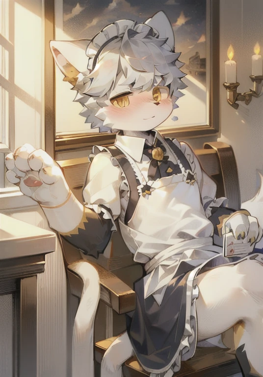 White male cat,boy,cute,Q version,,Big furry tail,Hairy pads,,Golden Eyes,Detailed background,Silver hair,Maid costume,blush,shy