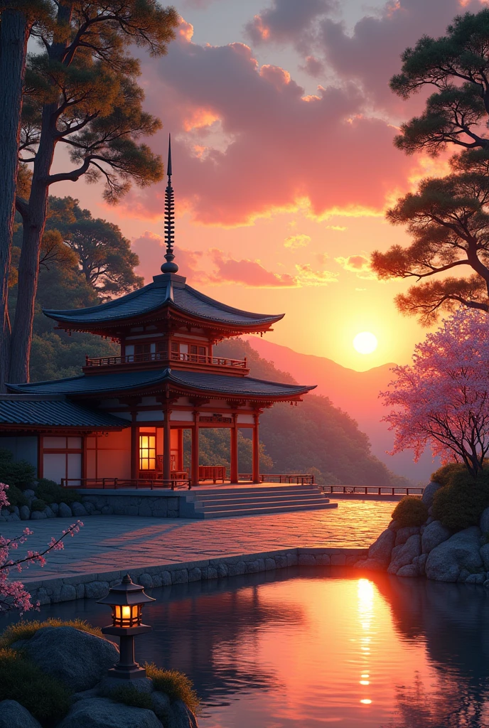 "A tranquil Japanese temple at sunset, surrounded by tall, ancient trees. The warm, golden-orange rays of the setting sun bathe the temple's traditional wooden structures in a soft, glowing light, casting long, gentle shadows on the stone courtyard. The sky is a gradient of deep orange, pink, and purple as the sun dips below the horizon. A few wisps of clouds are tinted with the colors of the sunset, adding to the serene atmosphere. The temple’s pagoda rises gracefully into the sky, illuminated by the fading light, with a small stone lantern in the foreground softly glowing. The calm pond nearby reflects the vibrant colors of the sunset, with a few ripples from a gentle breeze. Cherry blossom trees with their leaves tinged by the golden light add a touch of natural beauty to the peaceful scene."