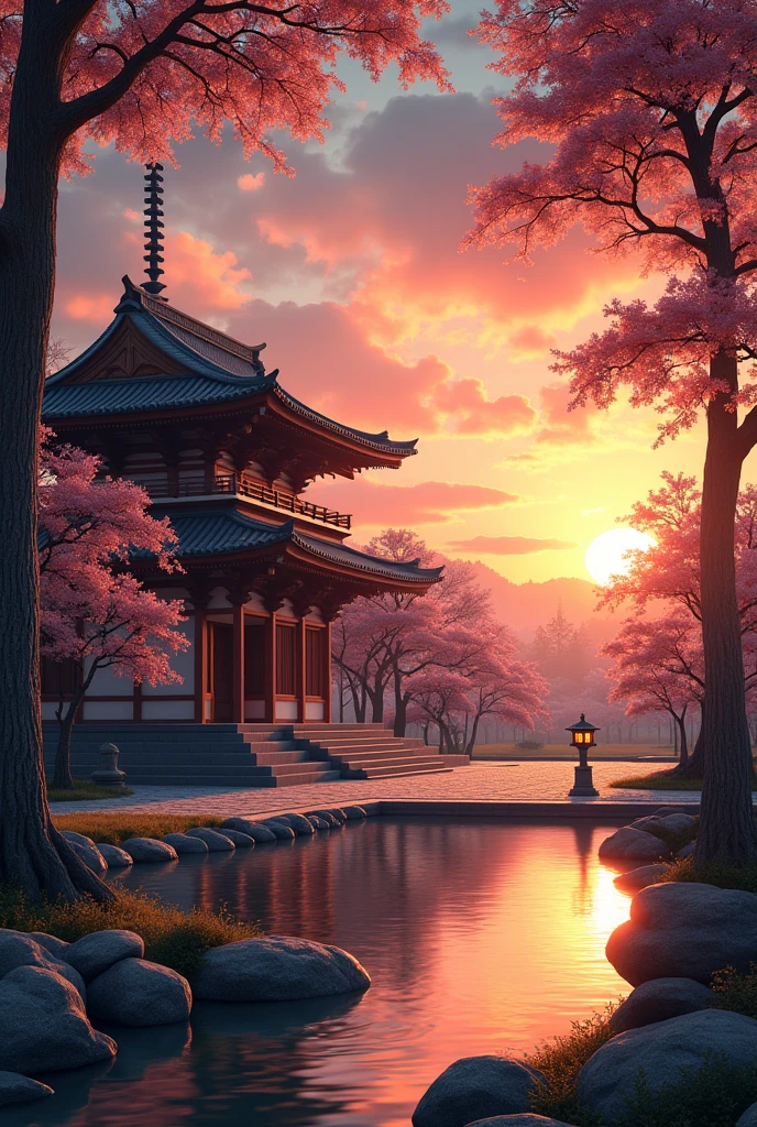 "A tranquil Japanese temple at sunset, surrounded by tall, ancient trees. The warm, golden-orange rays of the setting sun bathe the temple's traditional wooden structures in a soft, glowing light, casting long, gentle shadows on the stone courtyard. The sky is a gradient of deep orange, pink, and purple as the sun dips below the horizon. A few wisps of clouds are tinted with the colors of the sunset, adding to the serene atmosphere. The temple’s pagoda rises gracefully into the sky, illuminated by the fading light, with a small stone lantern in the foreground softly glowing. The calm pond nearby reflects the vibrant colors of the sunset, with a few ripples from a gentle breeze. Cherry blossom trees with their leaves tinged by the golden light add a touch of natural beauty to the peaceful scene."