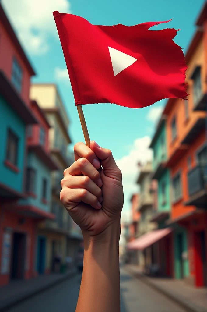 Man Hand on the YouTube logo flag on colourful street