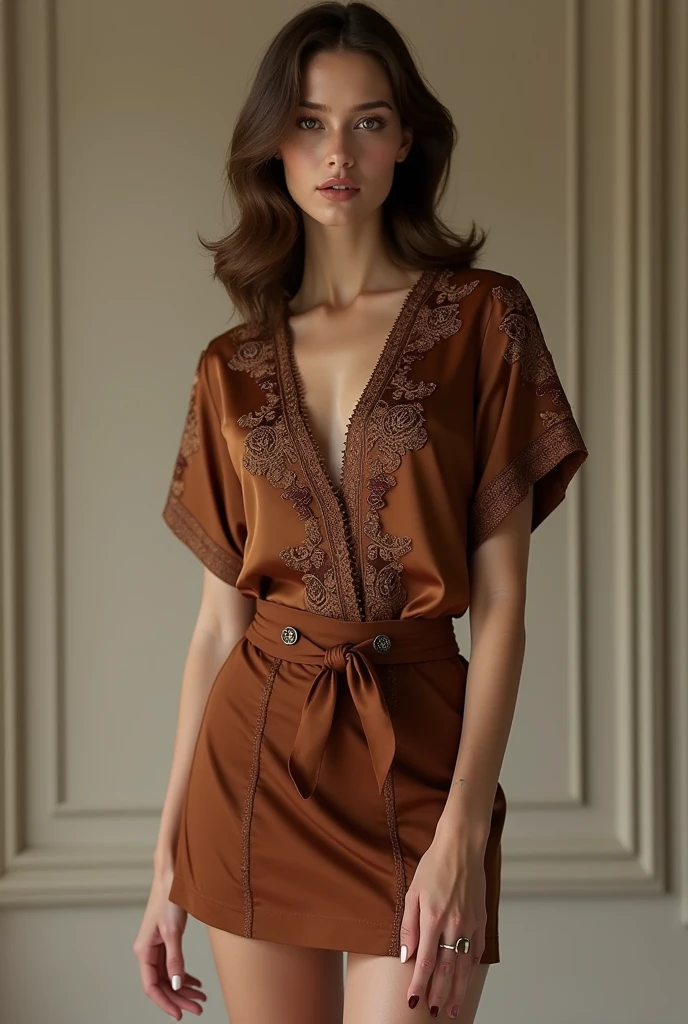 European woman model wearing a short skirt and short-sleeved blouse set in the same fabric and brown with baroque embossed details with embroidery