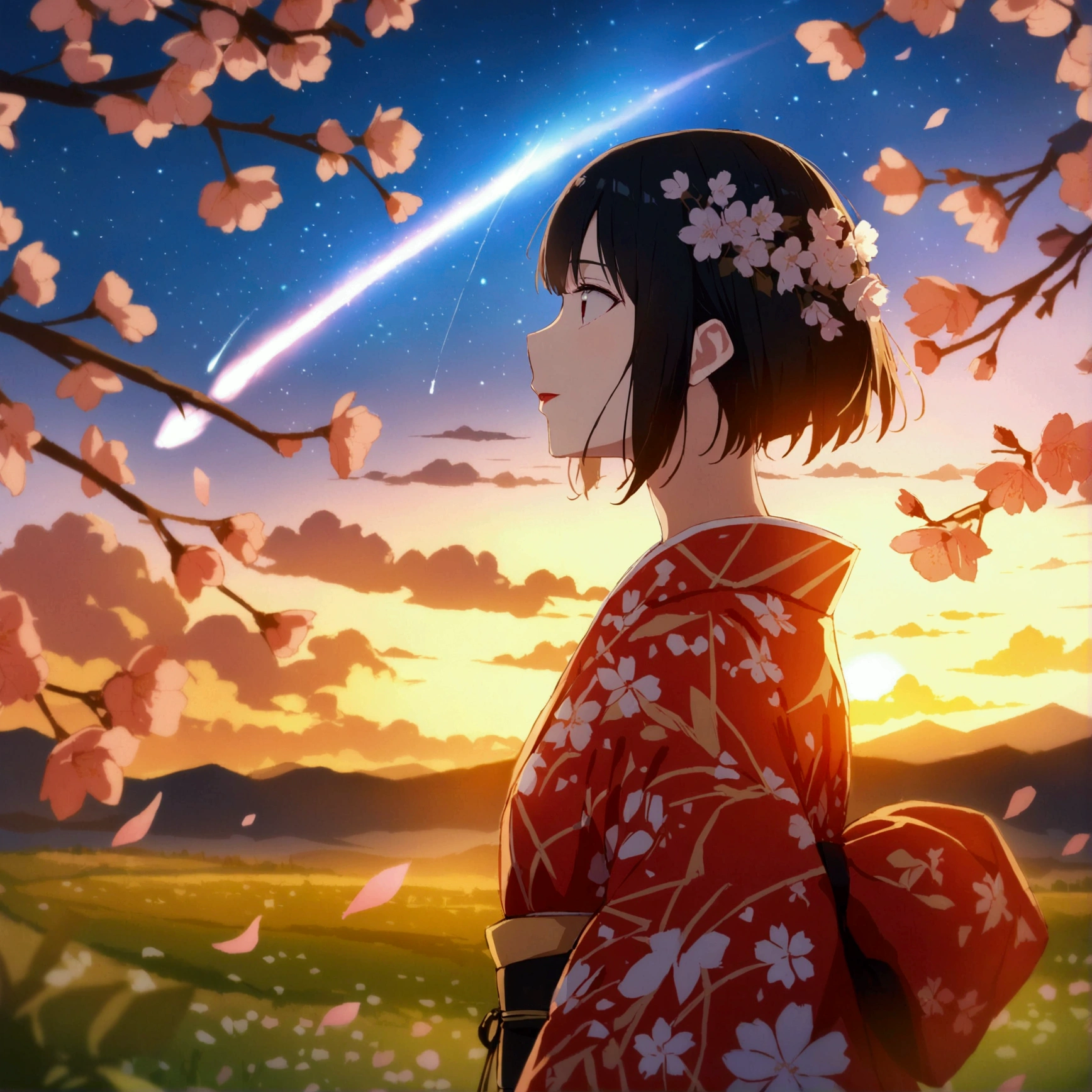 1 person, distant girl wearing a kimono staring at the performer, (Decreased:1.1), (Meteors:1.2), (comet:1.1), yourname, Low - Angle, Recall, Aloura Borealis, shooting star, yukata, Red kimono, cherry blossoms, Standing in the field,Highest quality, Artwork, cloud,Colorful, Starry Sky,performer,Recall
