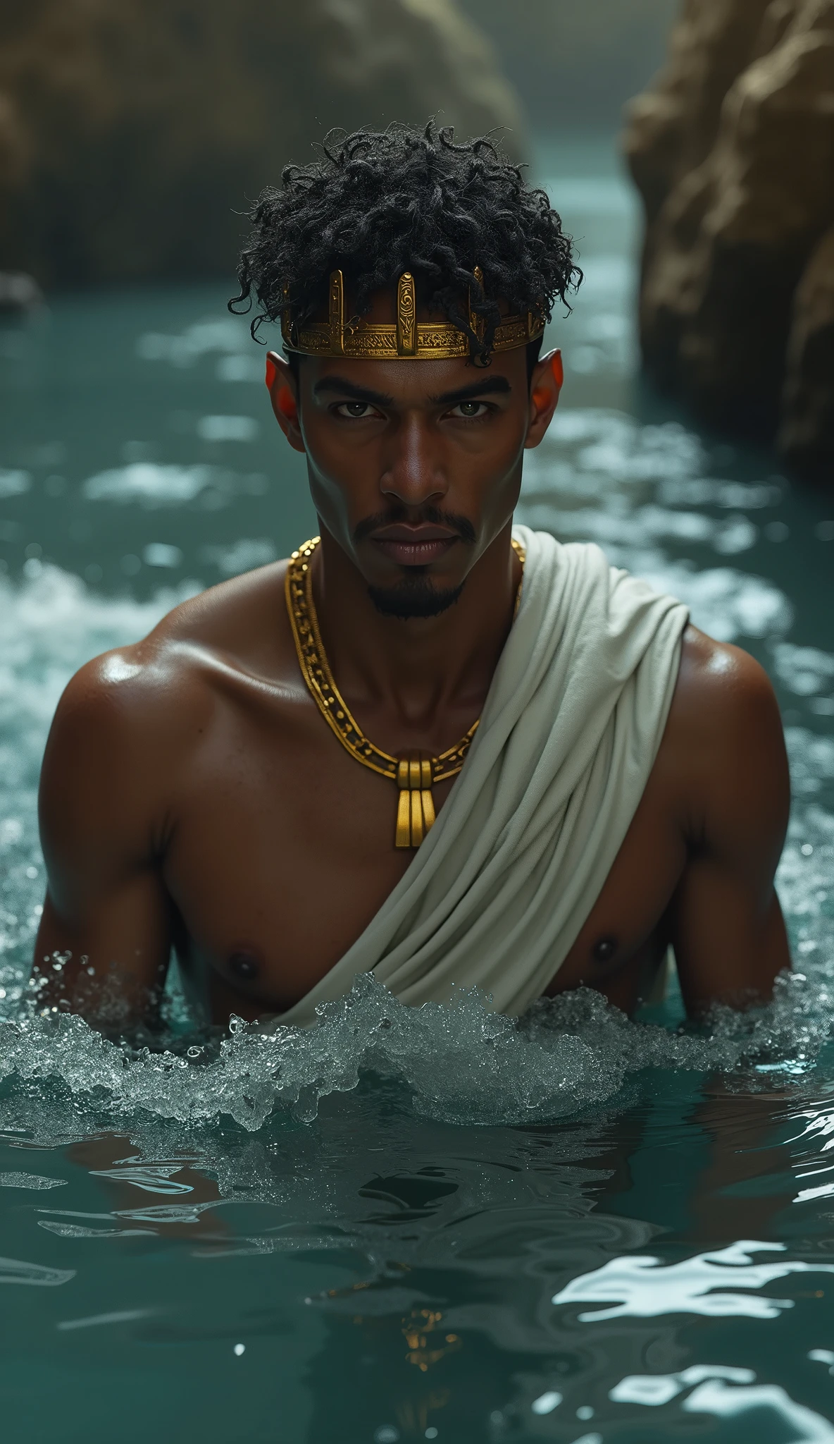 Depict Atum emerging from the chaotic waters of Nun in Egyptian mythology. Atum is a mature male figure, with smooth golden-brown skin and piercing dark amber eyes. His hair is short, curly, and black, with hints of gray. His face reflects wisdom and solitude, with sharp features and a strong jawline. Atum is adorned in a simple white kilt and a golden crown, his skin glowing faintly in the dim light. The background features the chaotic, dark waters of Nun swirling around him, with the first light breaking through the darkness. Use masterpiece, best quality, CG, wallpaper, HDR, high quality, ultra detailed face, cinematic, high detail, 8k, raw, high, artstation HQ, unreal engine, octane renderer, 4k resolution, hyperrealistic, highly detailed, and absurdres settings