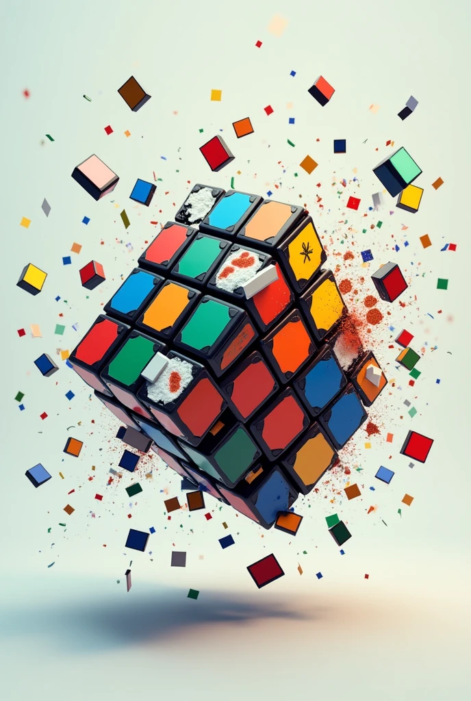 Rubik&#39;s cube shattered , with the pieces flying 