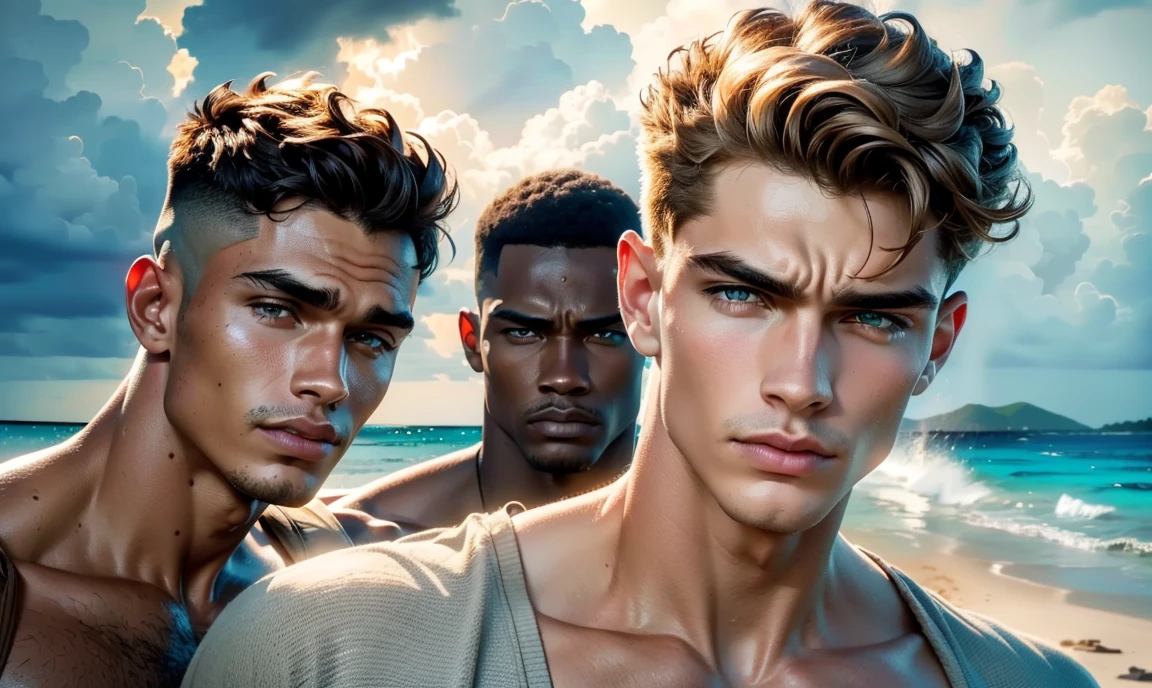 [((highly detailed, detailed eyes, detailed face, clear and realistic facial features, photorealistic, realistic light, cinematic, close up)), ((((3 men, each man looks unique, each man has a different natural hair color, each man has different facial features, each man has different skin color)))), (((sexy male college-age jocks standing on the beach and looking angry or frustrated))), ((wearing casual clothes)), ((beautiful deserted tropical island with a storm in background))]