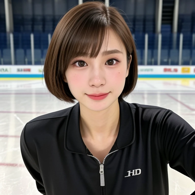 (kawaii 24 year-old Japanese girl, Nogizaka idol, Korean idol, speed skater), healthy female athlete body, (glossy brown hair, short hair, pixie cut, bangs:1.3), (rounded face, beautiful black eyes, single eyelid, no makeup:1.2), (looking at away, empty eyes, sigh:1.4), (wearing black track jacket, sports leggins:1.3), perfect shaped extra small breasts, BREAK, (ice hockey stadium background:1.2), (dynamic angle, bust shot:1.3),  BREAK, (masterpiece, best quality, photo realistic, official art:1.4), (UHD, 8K quality wallpaper, high resolution, raw photo, golden ratio:1.3), (shiny skin), professional lighting, physically based rendering, award winning, (highly detailed skin, extremely detailed face and eyes), Carl Zeiss 85 mm F/1.4, depth of field, 1girl, solo,
