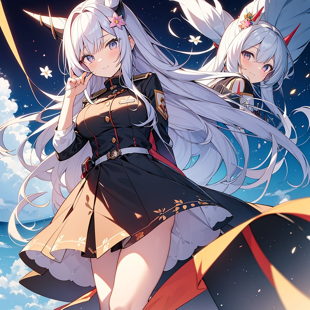 work of art, great quality anime girl with long white hair with flowery tips and colorful eyes with colorful flying horns (view from three angles front coast and side) She wears a white decorated uniform with colorful details